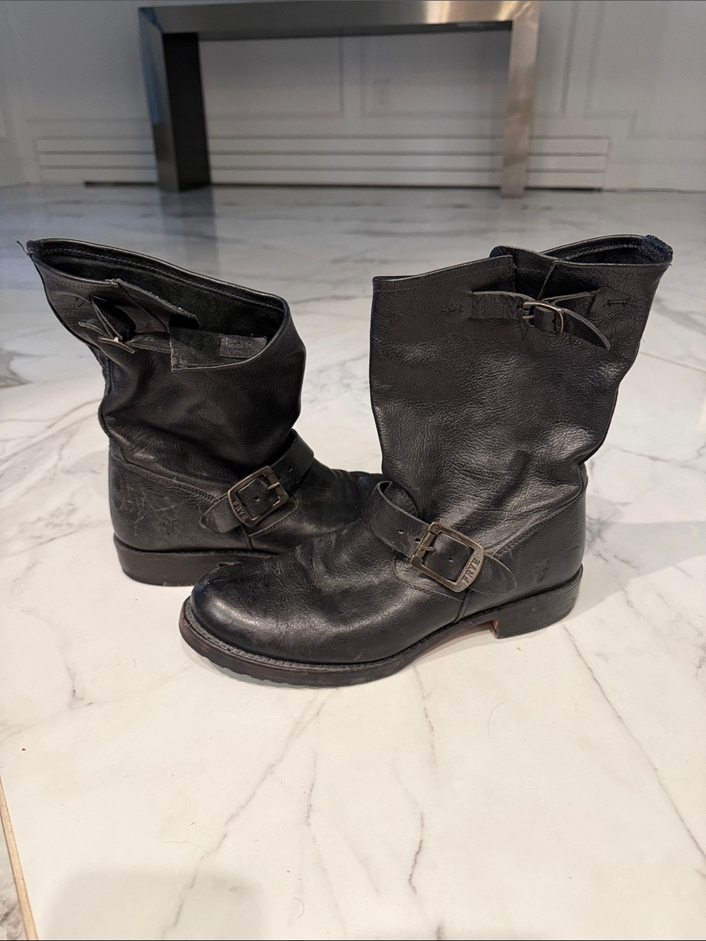 Women’s Frye Black Leather Harness Moto Boots with Buckle Detail